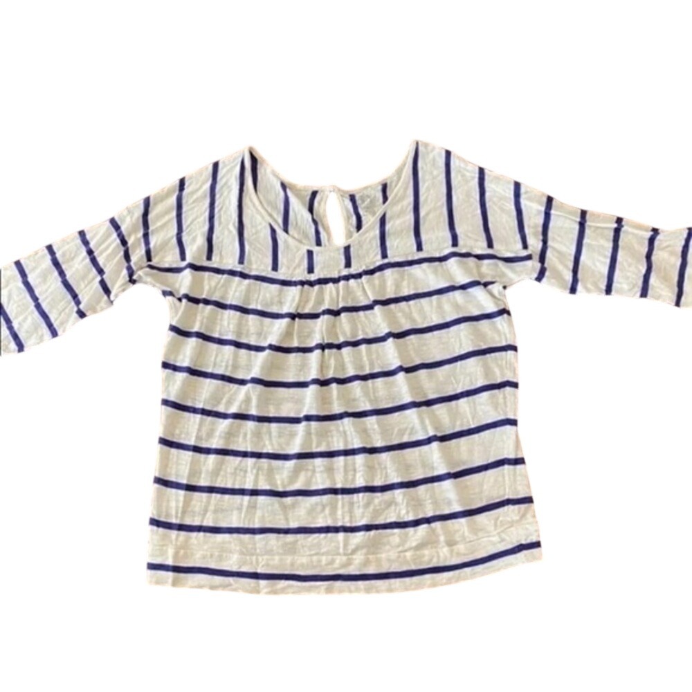 Loft Ivory Blue Striped Knit‎ Top M Ann Taylor V-Neck Keyhole Casual Tee Shirt